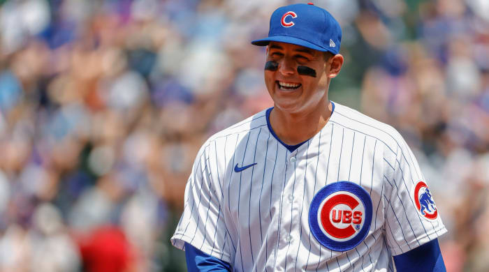 Jul 25, 2021; Chicago, Illinois, USA; Chicago Cubs first baseman Anthony Rizzo (44) smiles before a baseball game against the Arizona Diamondbacks at Wrigley Field.